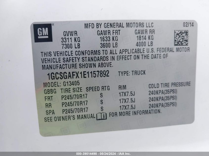 2014 Chevrolet Express 1500 Work Van VIN: 1GCSGAFX1E1157892 Lot: 39514498