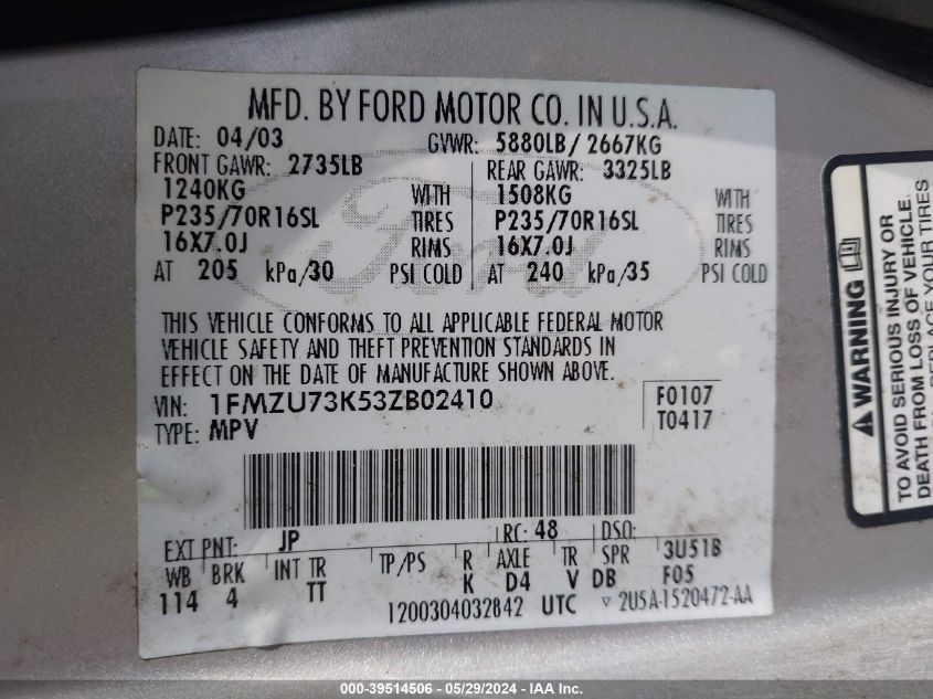 2003 Ford Explorer Nbx/Xlt VIN: 1FMZU73K53ZB02410 Lot: 39514506
