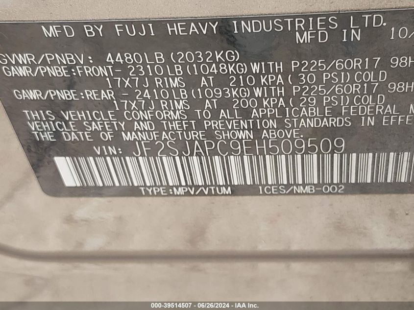 2014 Subaru Forester 2.5I Touring VIN: JF2SJAPC9EH509509 Lot: 39514507