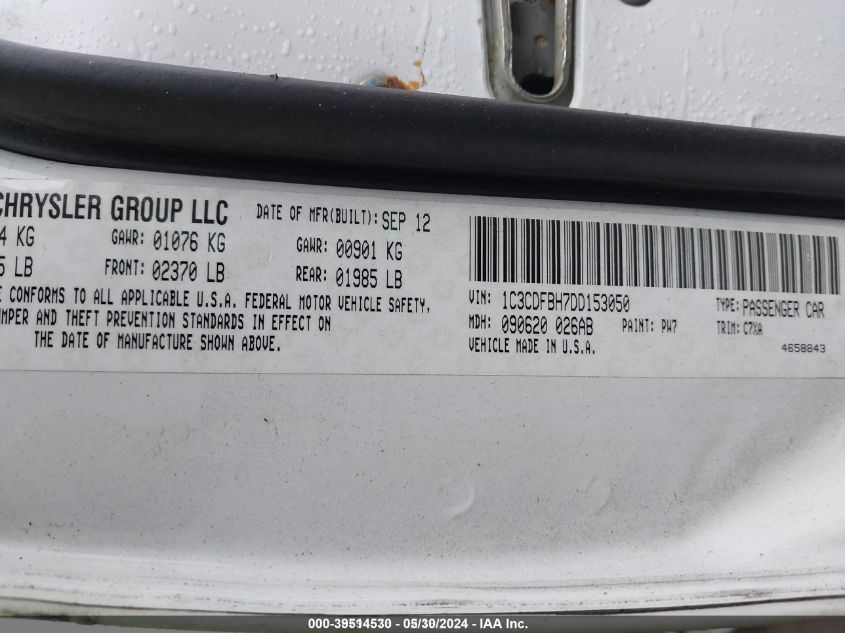 2013 Dodge Dart Rallye VIN: 1C3CDFBH7DD153050 Lot: 39514530