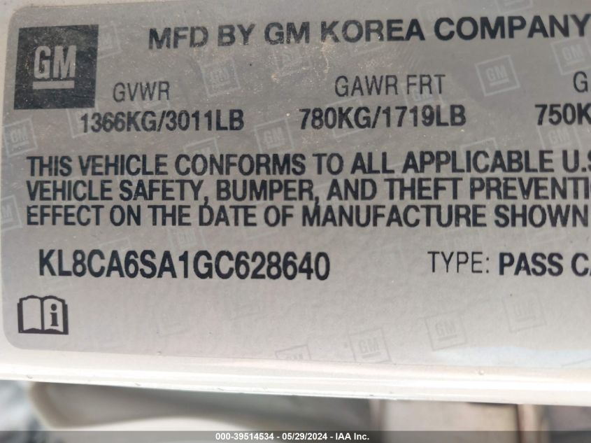 2016 Chevrolet Spark Ls Manual VIN: KL8CA6SA1GC628640 Lot: 39514534