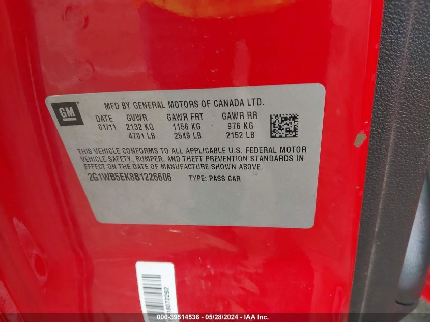 2011 Chevrolet Impala Lt VIN: 2G1WB5EK8B1226606 Lot: 39514536