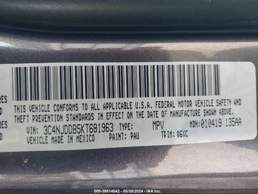 2019 Jeep Compass Trailhawk 4X4 VIN: 3C4NJDDB5KT681963 Lot: 39514542