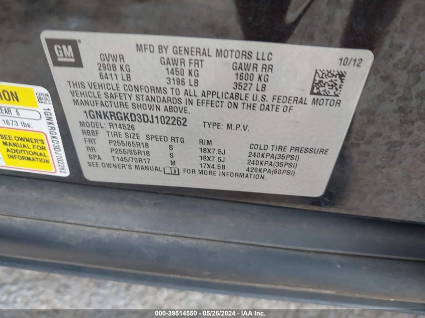 2013 Chevrolet Traverse 1Lt VIN: 1GNKRGKD3DJ102262 Lot: 39514550