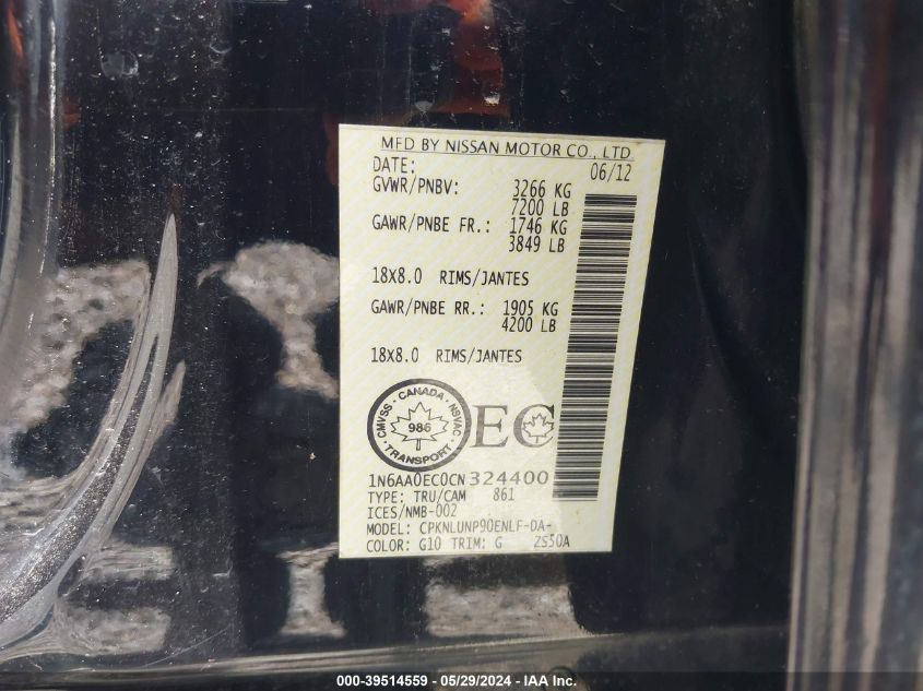 2012 Nissan Titan Pro-4X/S/Sl/Sv VIN: 1N6AA0EC0CN324400 Lot: 39514559