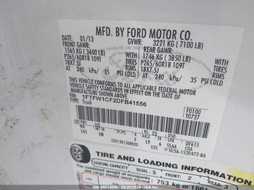 2013 Ford F-150 Lariat VIN: 1FTFW1CF2DFB41556 Lot: 39514566