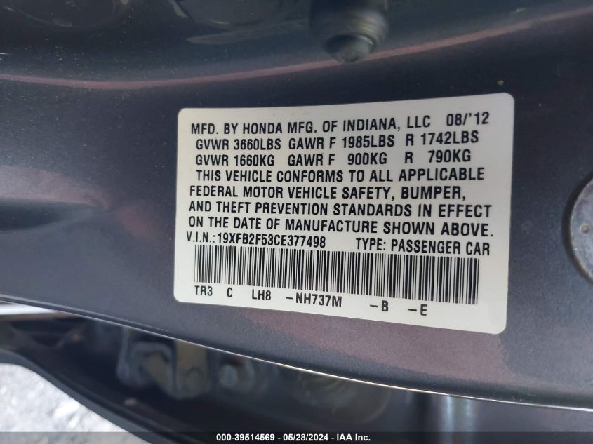 2012 Honda Civic Lx VIN: 19XFB2F53CE377498 Lot: 39514569