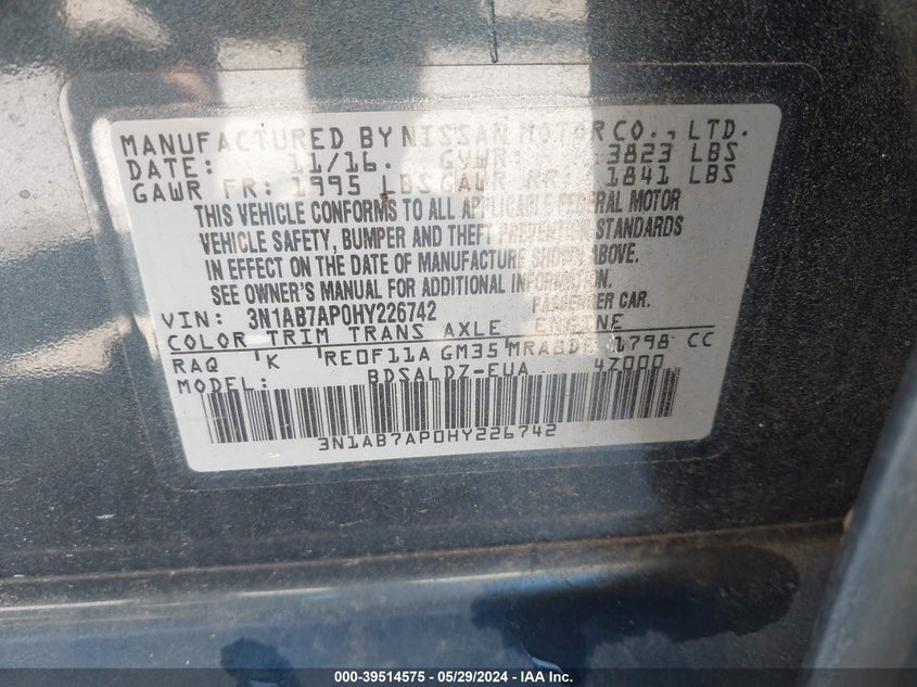 2017 Nissan Sentra Sv VIN: 3N1AB7AP0HY226742 Lot: 39514575