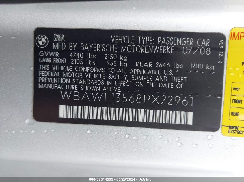 2008 BMW 328I VIN: WBAWL13568PX22961 Lot: 39514595