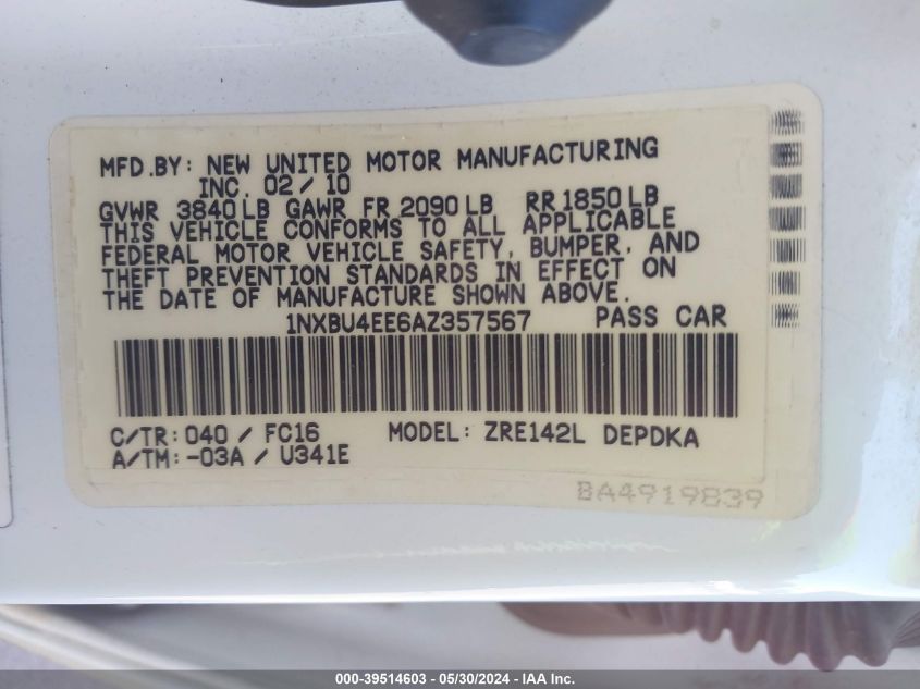 2010 Toyota Corolla Le VIN: 1NXBU4EE6AZ357567 Lot: 39514603