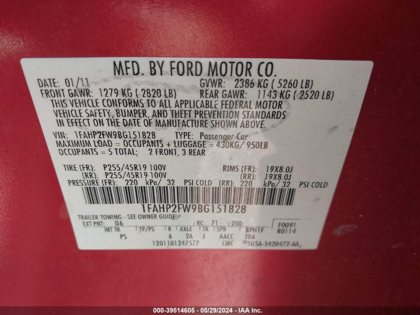 2011 Ford Taurus Limited VIN: 1FAHP2FW9BG151828 Lot: 39514605