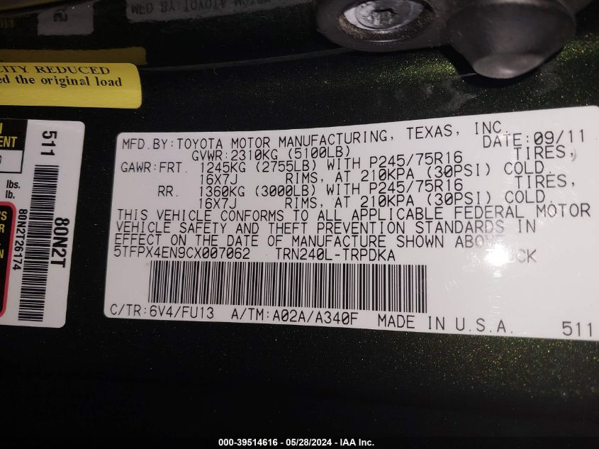 2012 Toyota Tacoma VIN: 5TFPX4EN9CX007062 Lot: 39514616