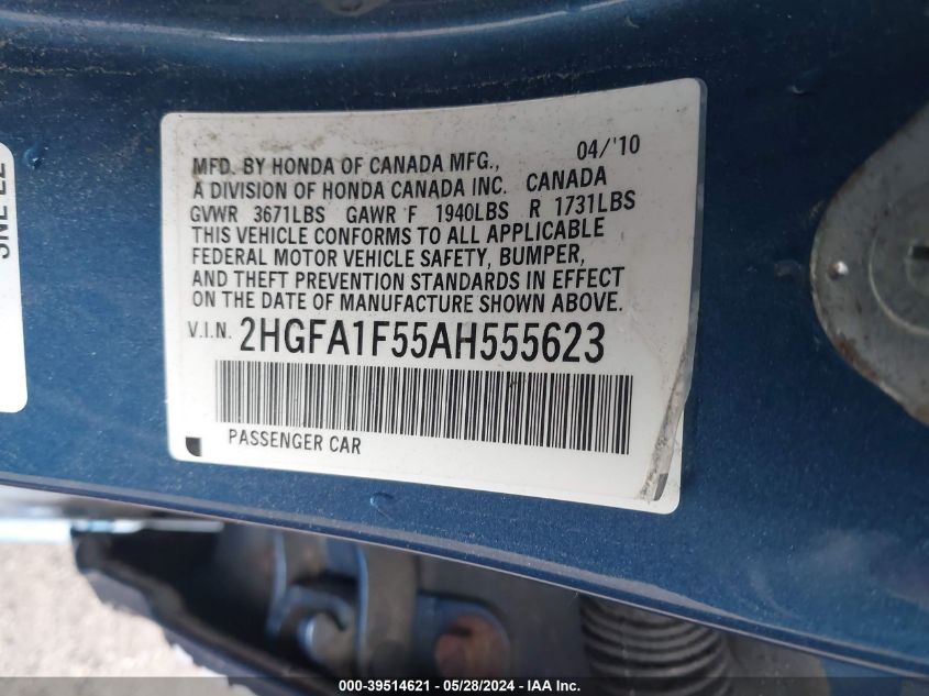 2010 Honda Civic Lx VIN: 2HGFA1F55AH555623 Lot: 39514621