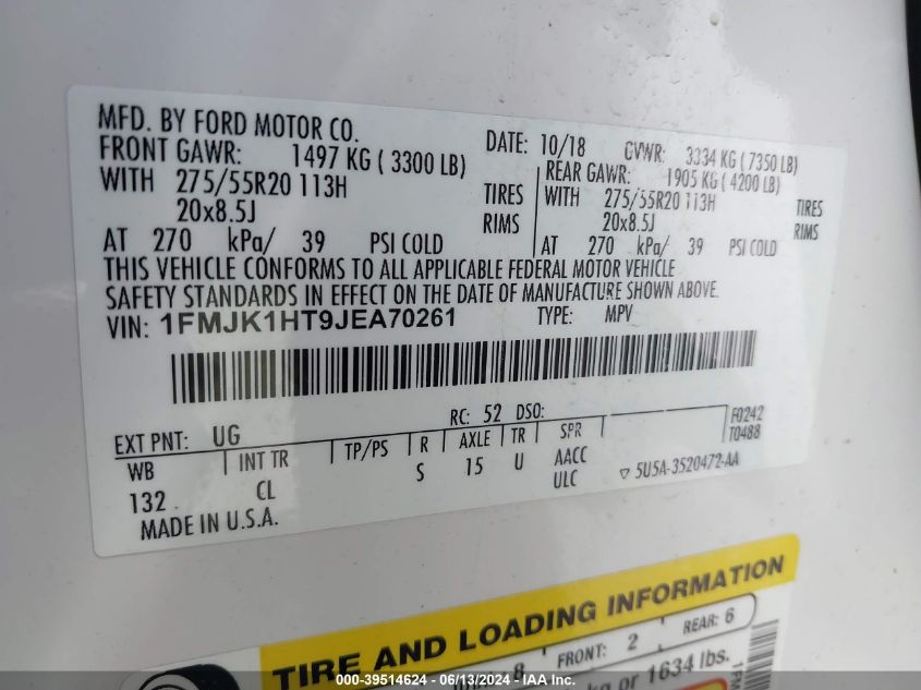 2018 Ford Expedition Max Xlt VIN: 1FMJK1HT9JEA70261 Lot: 39514624