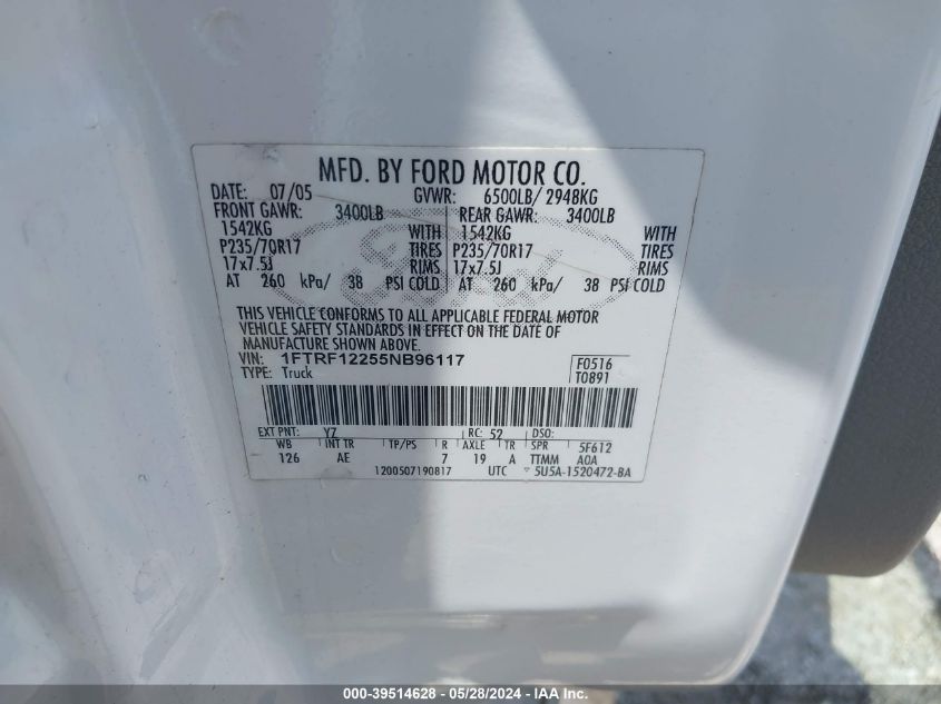 2005 Ford F-150 Stx/Xl/Xlt VIN: 1FTRF12255NB96117 Lot: 39514628