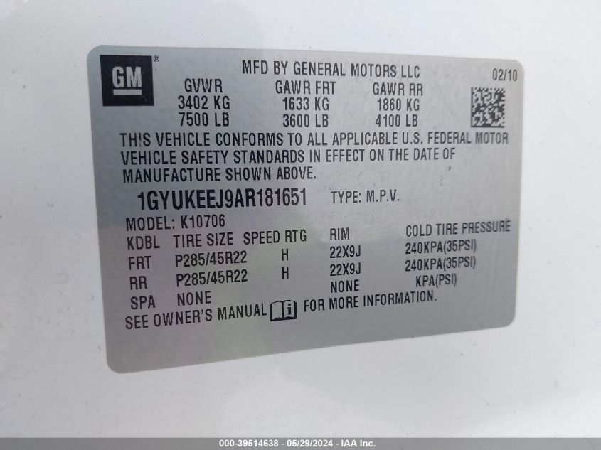 2010 Cadillac Escalade Hybrid Standard VIN: 1GYUKEEJ9AR181651 Lot: 39514638