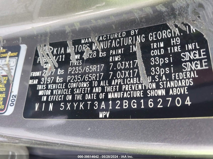 2011 Kia Sorento Lx VIN: 5XYKT3A12BG162704 Lot: 39514642