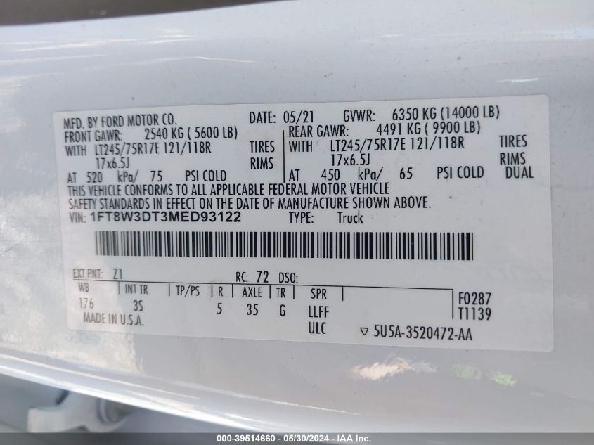 2021 Ford F-350 Xlt VIN: 1FT8W3DT3MED93122 Lot: 39514660