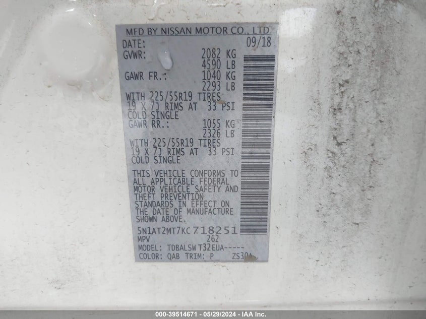 2019 Nissan Rogue Sl VIN: 5N1AT2MT7KC718251 Lot: 39514671