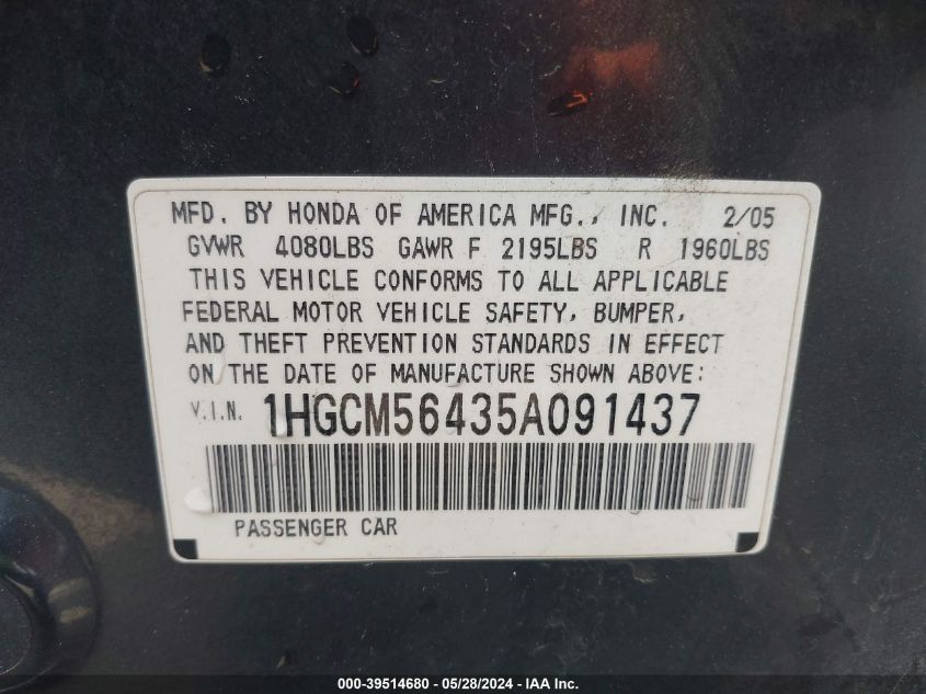 2005 Honda Accord 2.4 Lx VIN: 1HGCM56435A091437 Lot: 39514680