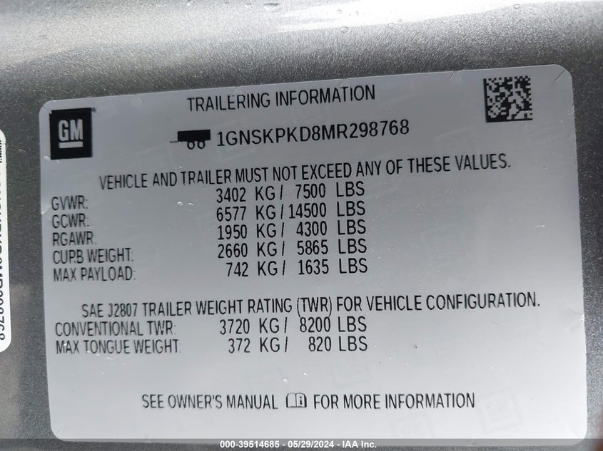 2021 Chevrolet Tahoe 4Wd Z71 VIN: 1GNSKPKD8MR298768 Lot: 39514685