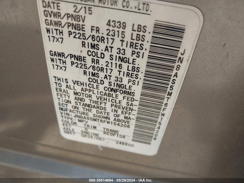 2015 Nissan Rogue Select S VIN: JN8AS5MT6FW154206 Lot: 39514694