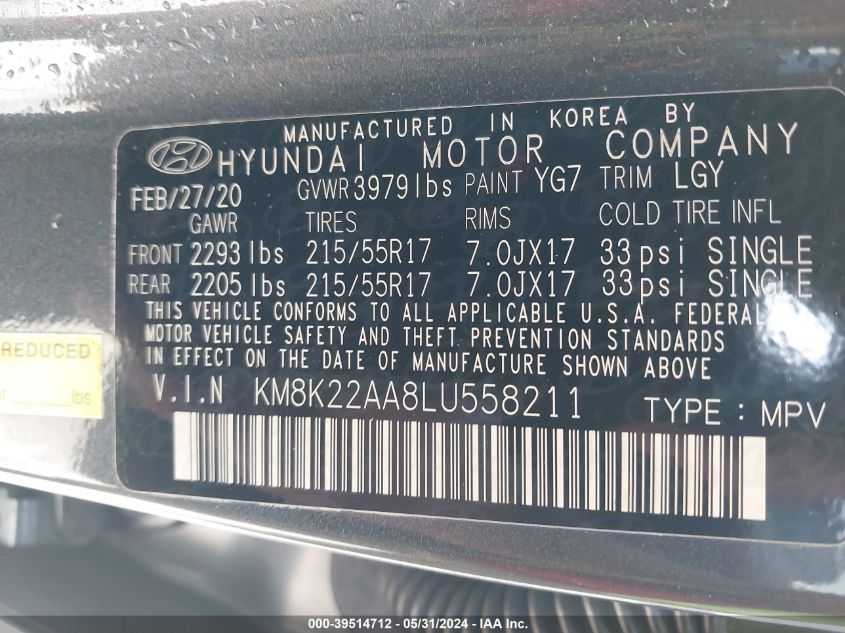 2020 Hyundai Kona Sel VIN: KM8K22AA8LU558211 Lot: 39514712