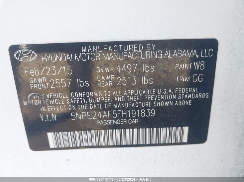 2015 Hyundai Sonata Se VIN: 5NPE24AF5FH191839 Lot: 39514711