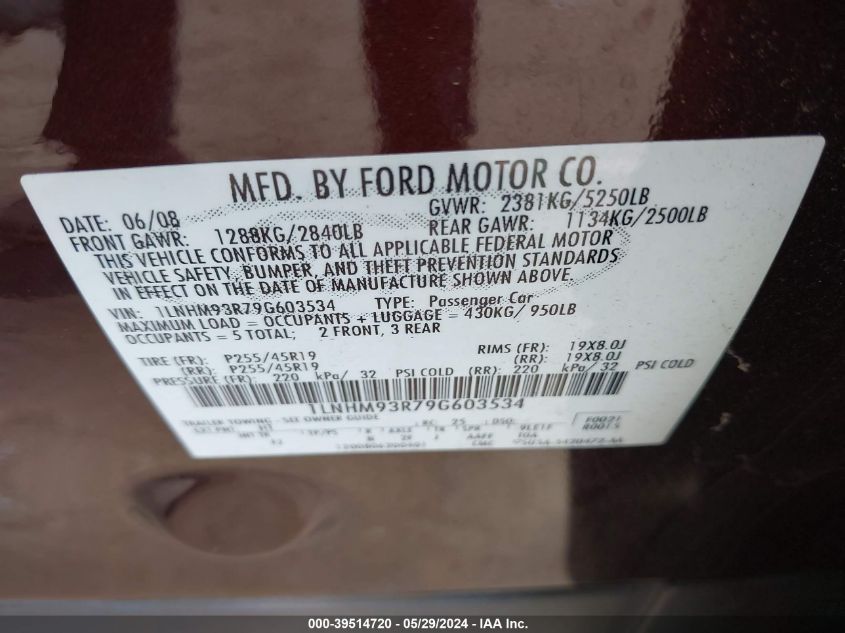 2009 Lincoln Mks VIN: 1LNHM93R79G603534 Lot: 39514720