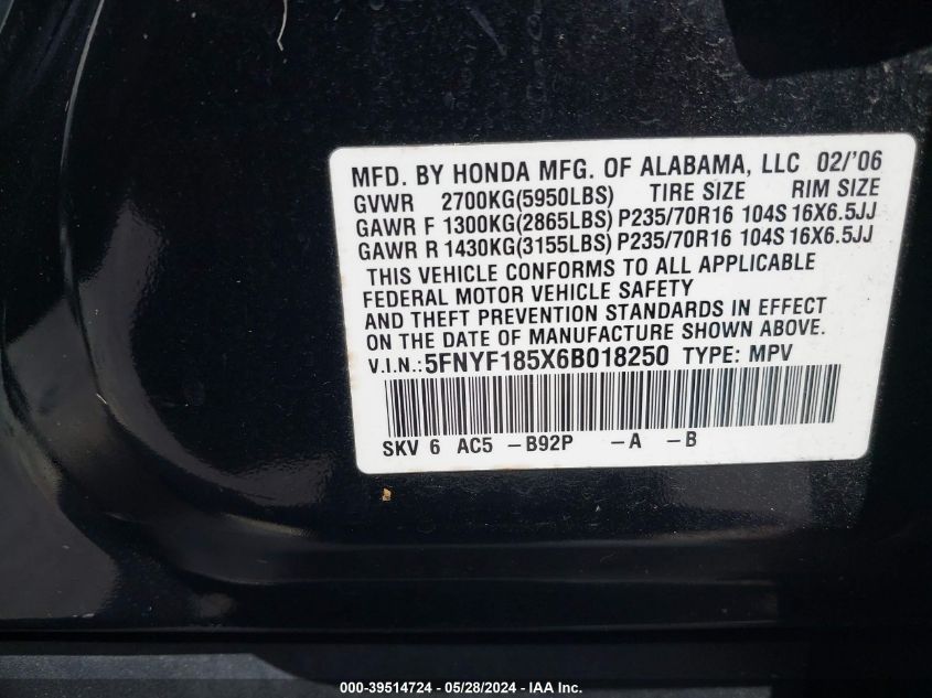 2006 Honda Pilot Ex-L VIN: 5FNYF185X6B018250 Lot: 39514724