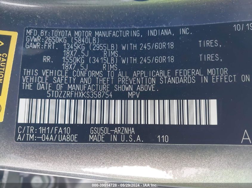 2019 Toyota Highlander Le/Le Plus VIN: 5TDZZRFHXKS358754 Lot: 39514728