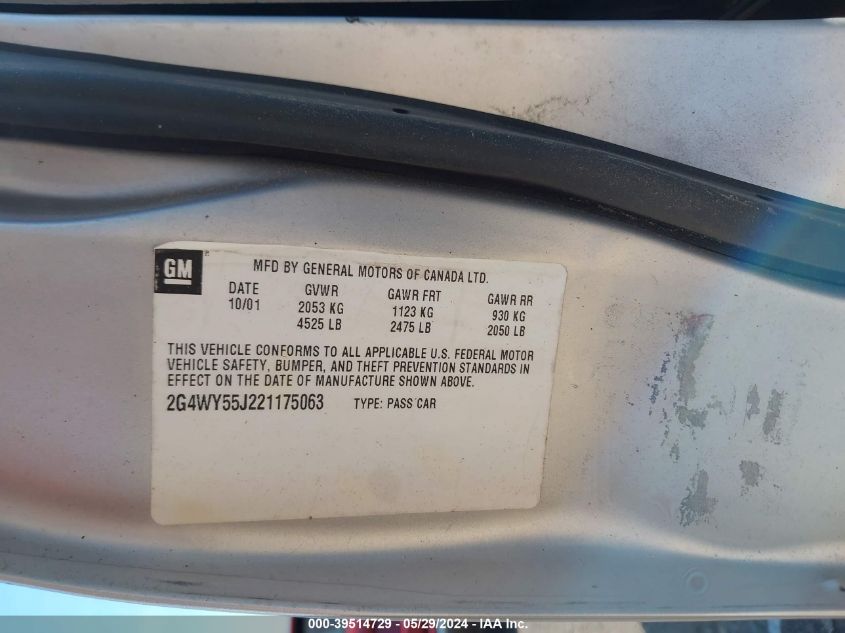 2002 Buick Century Limited VIN: 2G4WY55J221175063 Lot: 39514729