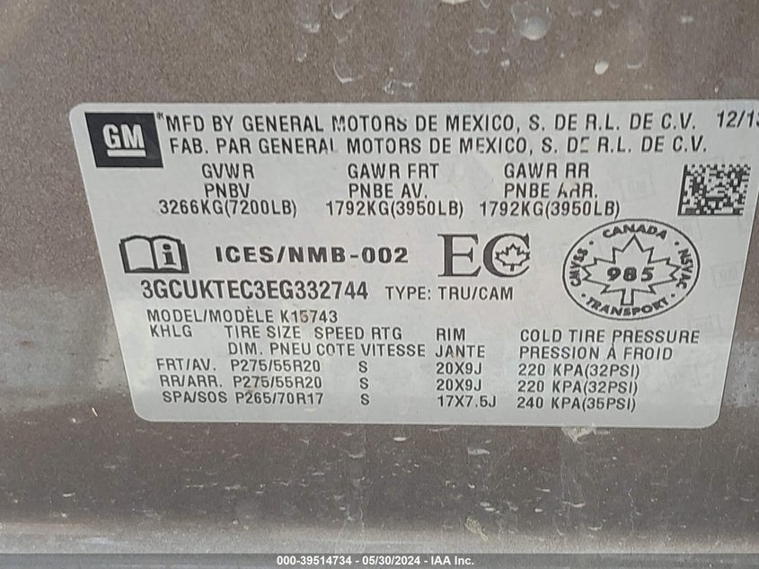 2014 Chevrolet Silverado 1500 High Country VIN: 3GCUKTEC3EG332744 Lot: 39514734