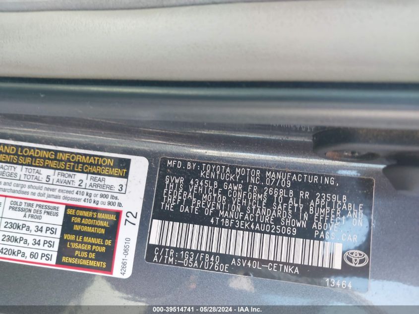 2010 Toyota Camry Le VIN: 4T1BF3EK4AU025069 Lot: 39514741