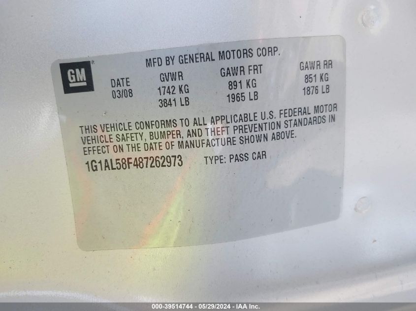 2008 Chevrolet Cobalt Lt VIN: 1G1AL58F487262973 Lot: 39514744