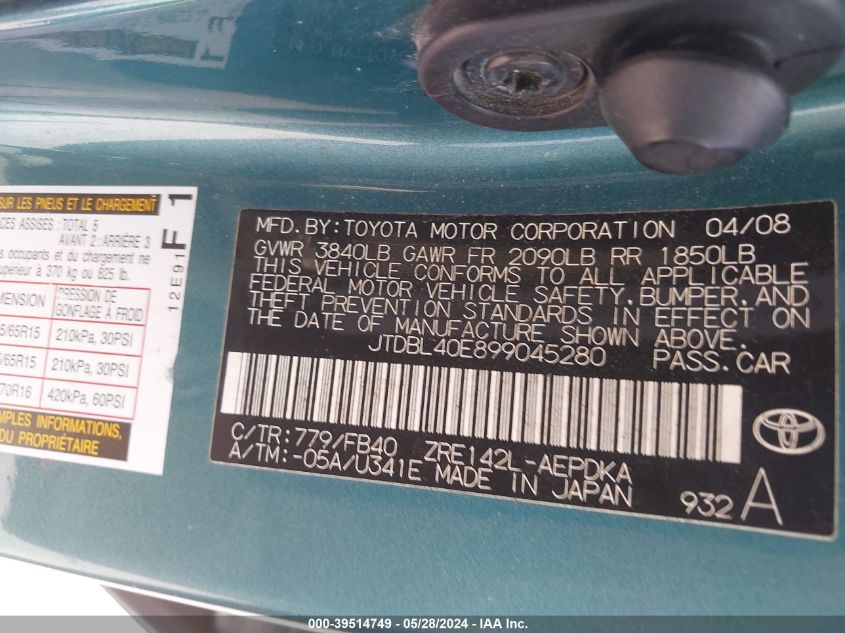 2009 Toyota Corolla Le VIN: JTDBL40E899045280 Lot: 39514749