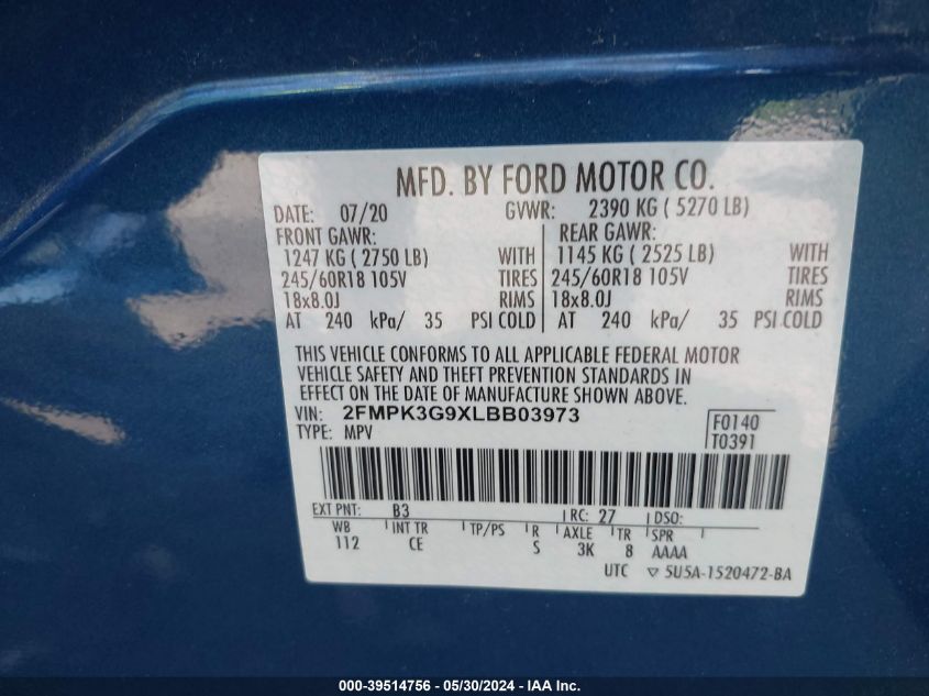 2020 Ford Edge Se VIN: 2FMPK3G9XLBB03973 Lot: 39514756