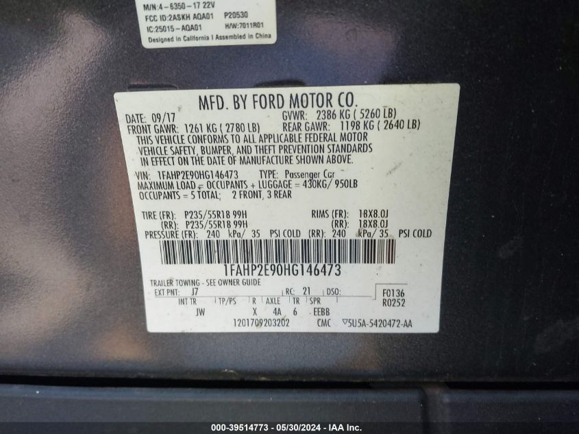 2017 Ford Taurus Sel VIN: 1FAHP2E90HG146473 Lot: 39514773