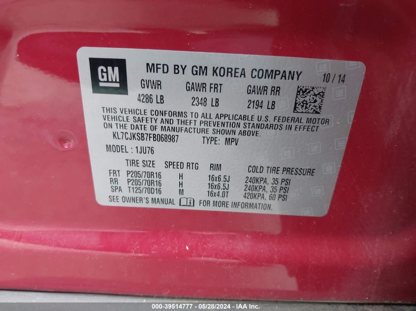 2015 Chevrolet Trax 1Ls VIN: KL7CJKSB7FB068987 Lot: 39514777