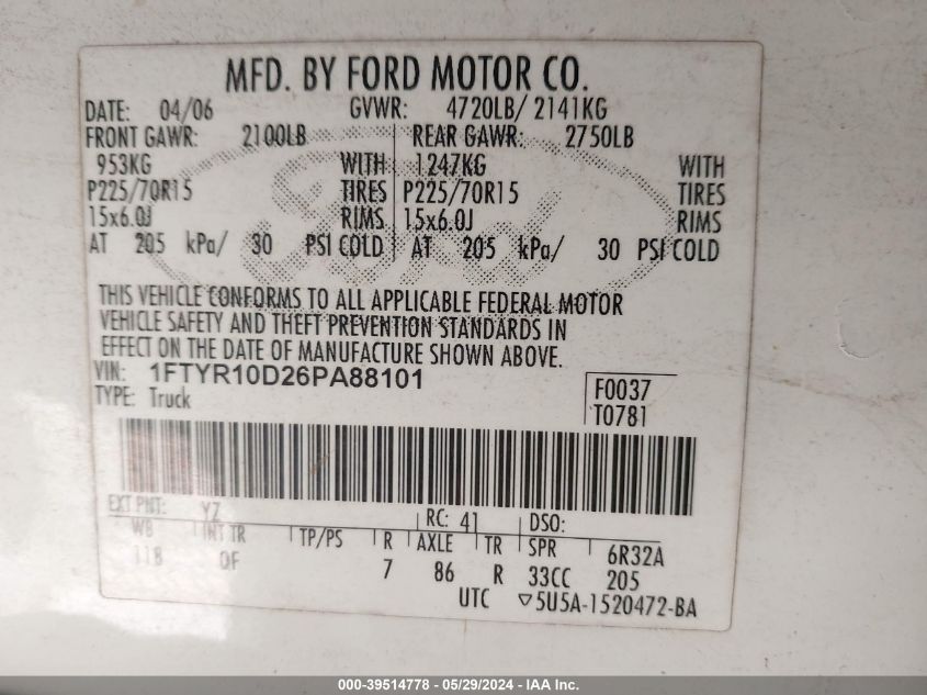 2006 Ford Ranger Xl/Xlt VIN: 1FTYR10D26PA88101 Lot: 39514778