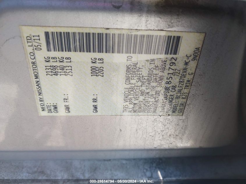 2011 Nissan Maxima 3.5 Sv VIN: 1N4AA5AP3BC851792 Lot: 39514794