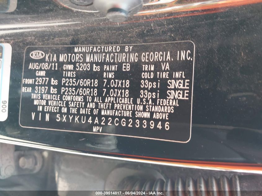 2012 Kia Sorento Ex V6 VIN: 5XYKU4A22CG233946 Lot: 39514817