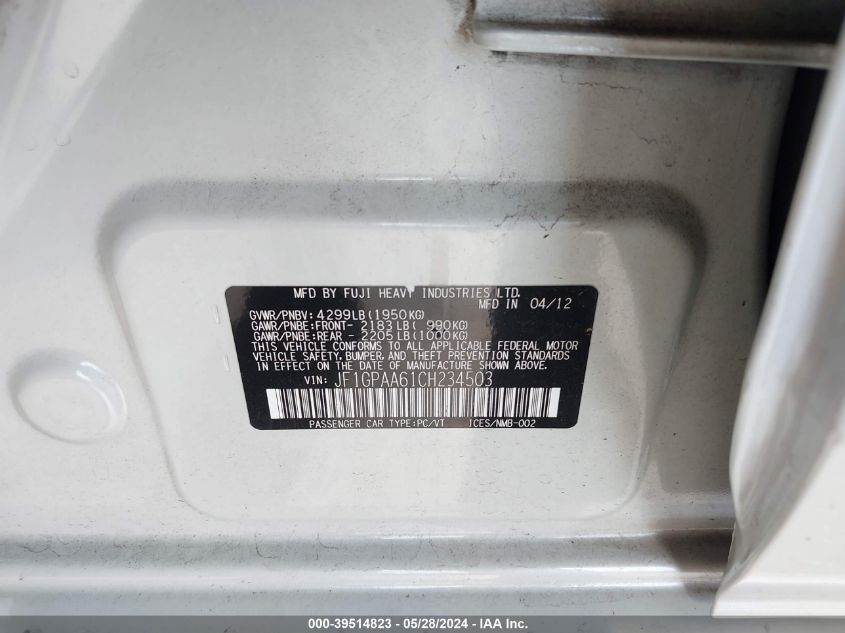 2012 Subaru Impreza 2.0I VIN: JF1GPAA61CH234503 Lot: 39514823