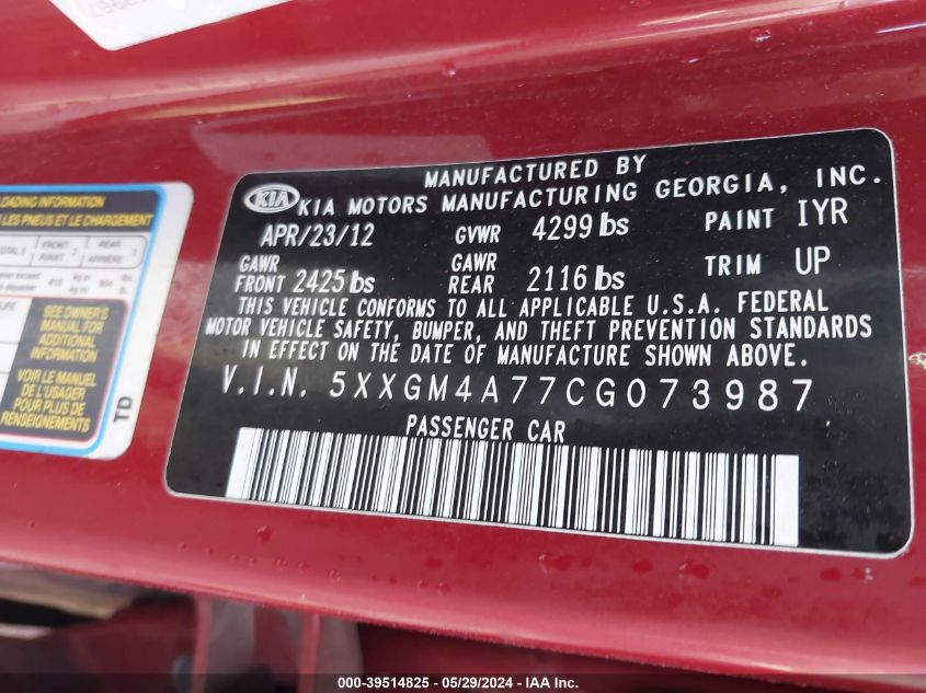 2012 Kia Optima Lx VIN: 5XXGM4A77CG073987 Lot: 39514825