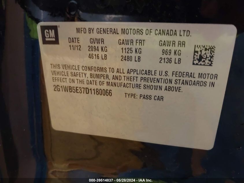 2013 Chevrolet Impala Lt VIN: 2G1WB5E37D1180066 Lot: 39514837