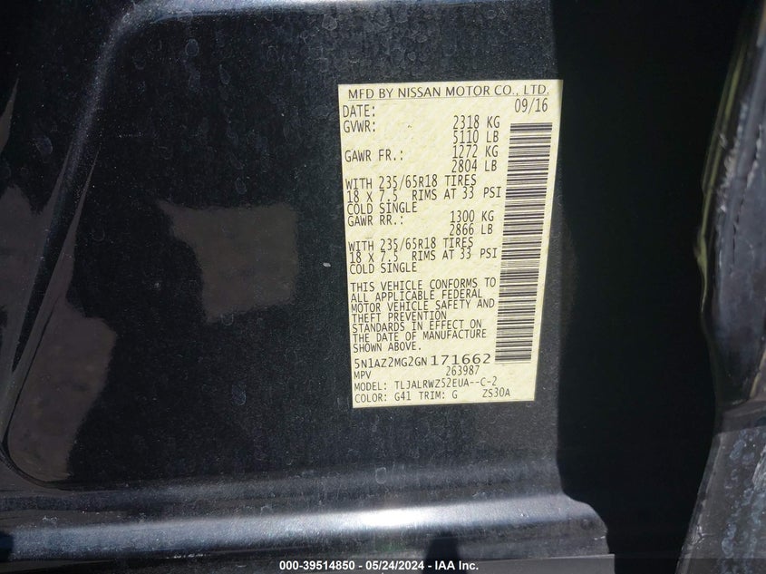 2016 Nissan Murano Sl VIN: 5N1AZ2MG2GN171662 Lot: 39514850