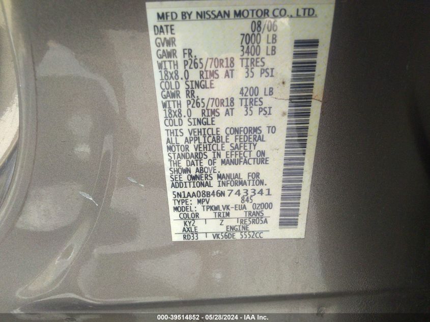2006 Nissan Armada Le VIN: 5N1AA08B46N743341 Lot: 39514852