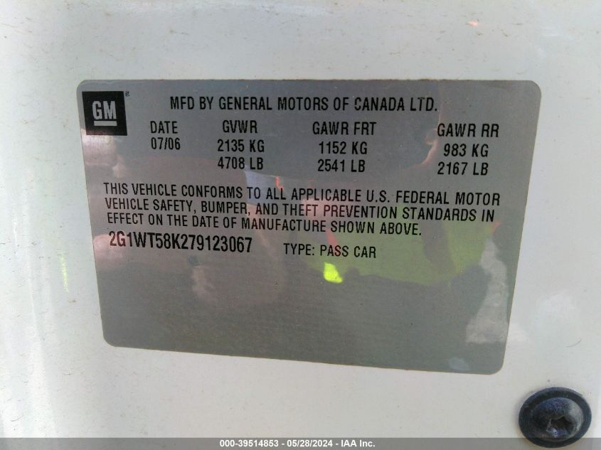 2007 Chevrolet Impala Lt VIN: 2G1WT58K279123067 Lot: 39514853
