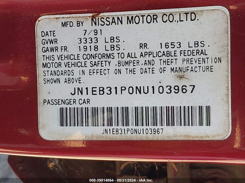 1992 Nissan Sentra VIN: JN1EB31P0NU103967 Lot: 39514864