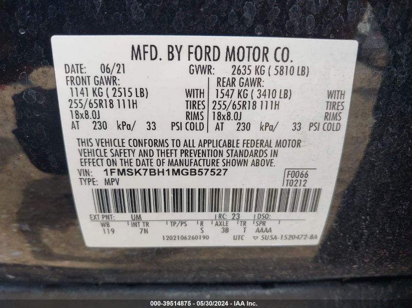 2021 Ford Explorer VIN: 1FMSK7BH1MGB57527 Lot: 39514875